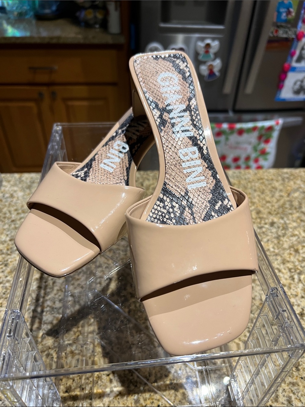 Gianni Bini Beige Patent Slide Mules with Snakeskin Insole